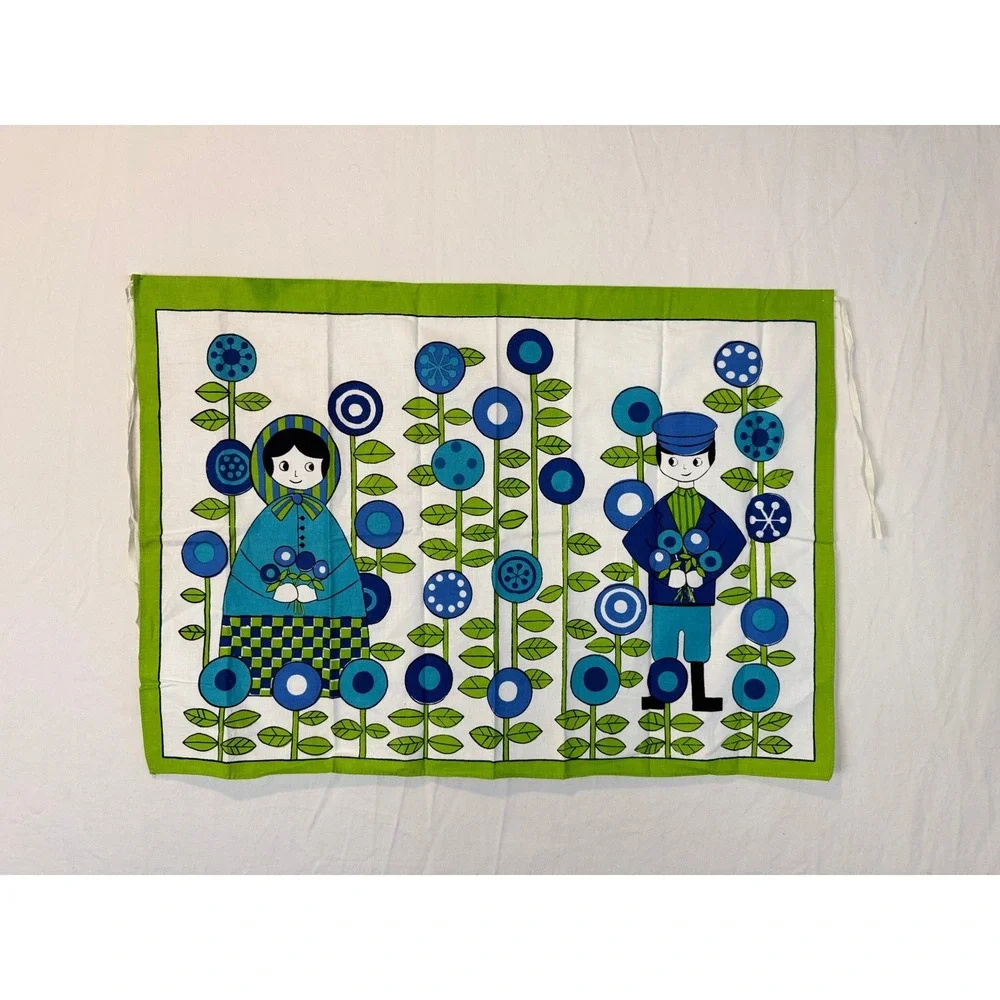 Vintage MCM Folk Art Apron Blue White Green Graphic‎ Print Reto Scandinavian